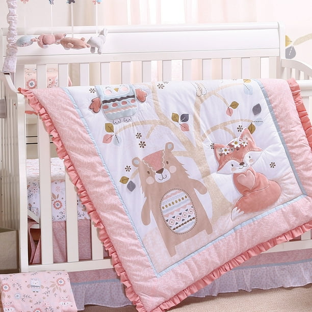 Woodland Friends 4 Piece Forest Animal Theme Baby Crib Bedding Set Rose Pink