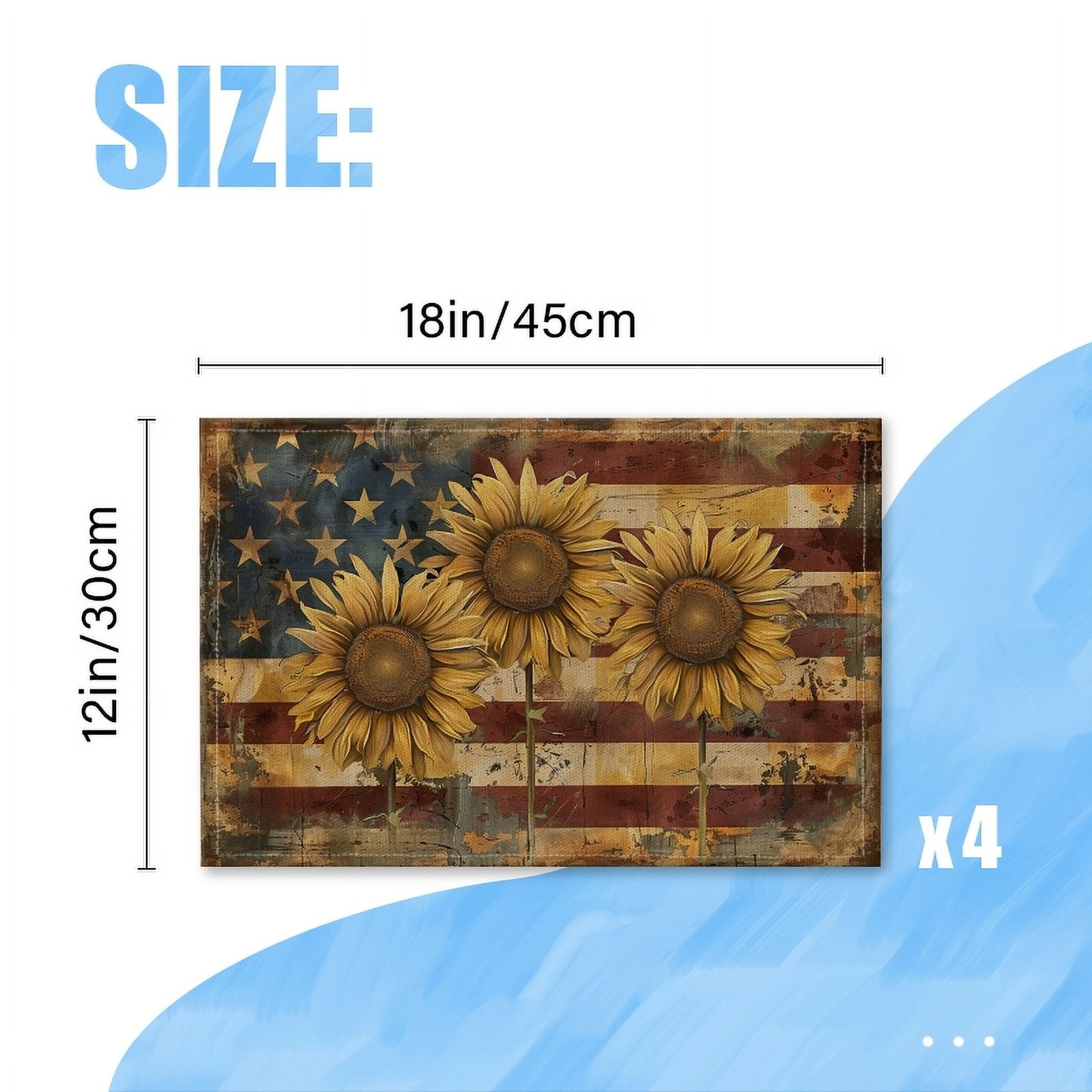 BaHomeck placemats Set of 4 rectangle Linen Cotton Placemats for Dining Table Washable Heat Resistant,18*12inch,Large Sunflowers On American Flag Background
