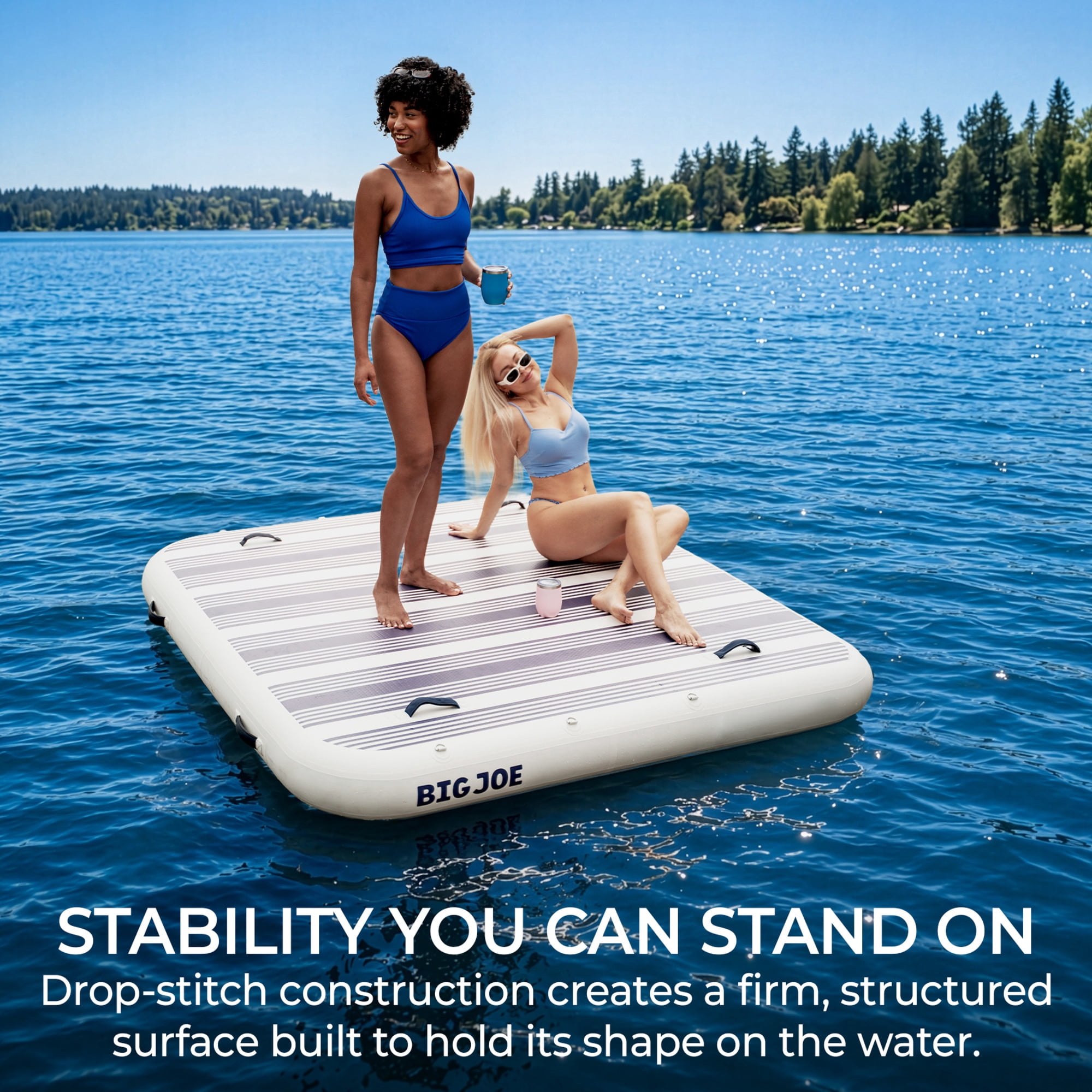 Big Joe TidalJoy 6.5’ x 6.5’ Inflatable Floating Dock for Adults, Heavy Duty Lake Platform & Boat Raft with Handles, Navy Stripe