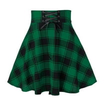 jsaierl Mini Skirt for Women Sexy High Waist Plaid Splicing Frenulum Skirts Fashiong Casual Pleated Swing Short Skirt