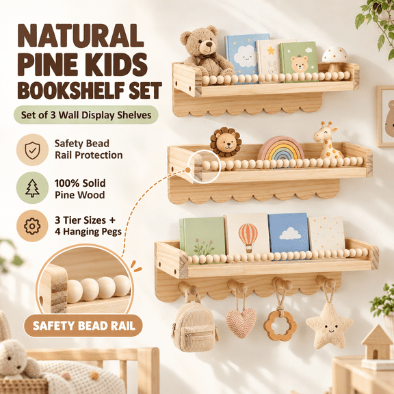 Doulami Nursery Bookshelf, Set of 3 Pine Wall Shelves with Hooks for Kids Room Gift, Nursery Book and Toy Storage, Neutral Nursery Decor