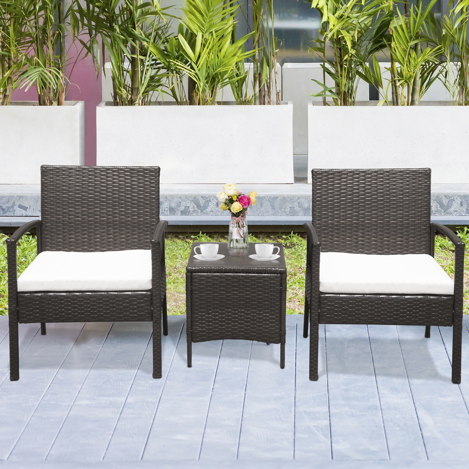 Ktaxon 3PCS Outdoor Patio Garden Wicker Rattan Conversation Chat Set, Rattan Furniture Set for Outdoor and Porch, Balcony, Poolside - image 2 of 7