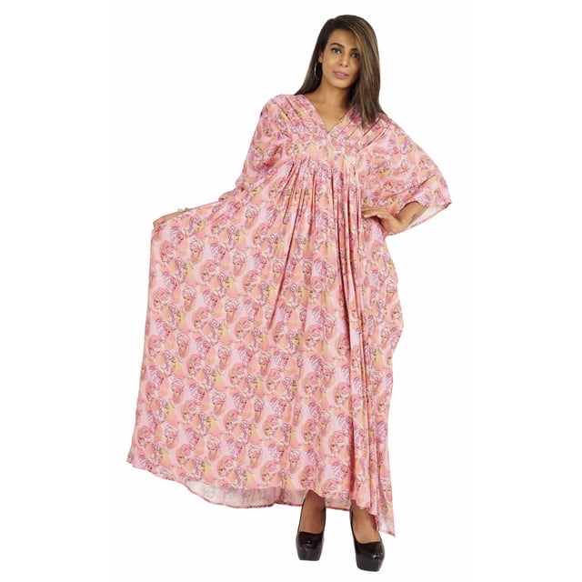Moomaya Robe de Nuit Longue Maxi pour Femmes, Cache-Maillot Imprimé à Manches Kimono, Maxi Kaftan, Robe de Nuit, Vêtement de Nuit