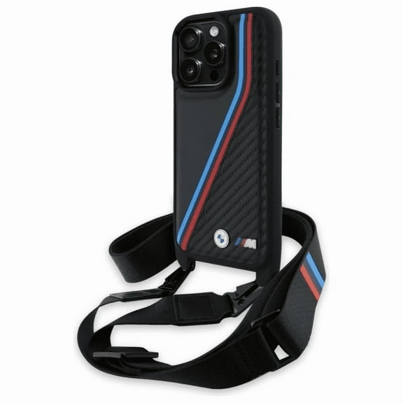 BMW M Series Carbon Tricolor Lines & Strap Case for iPhone 16 Pro Max 6.9" Black - BMHCP16X23PSVTK