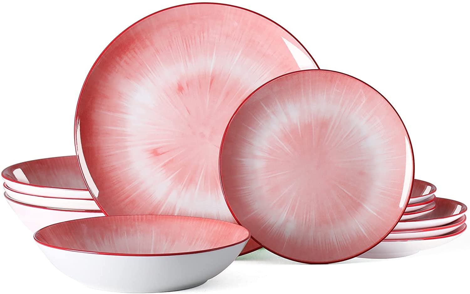 Bestone 12 Piece Dinnerware Set ，Chip Resistant, Dinnerware Sets, Plates, Dishes, Bowls, Service for 4, Pink And White