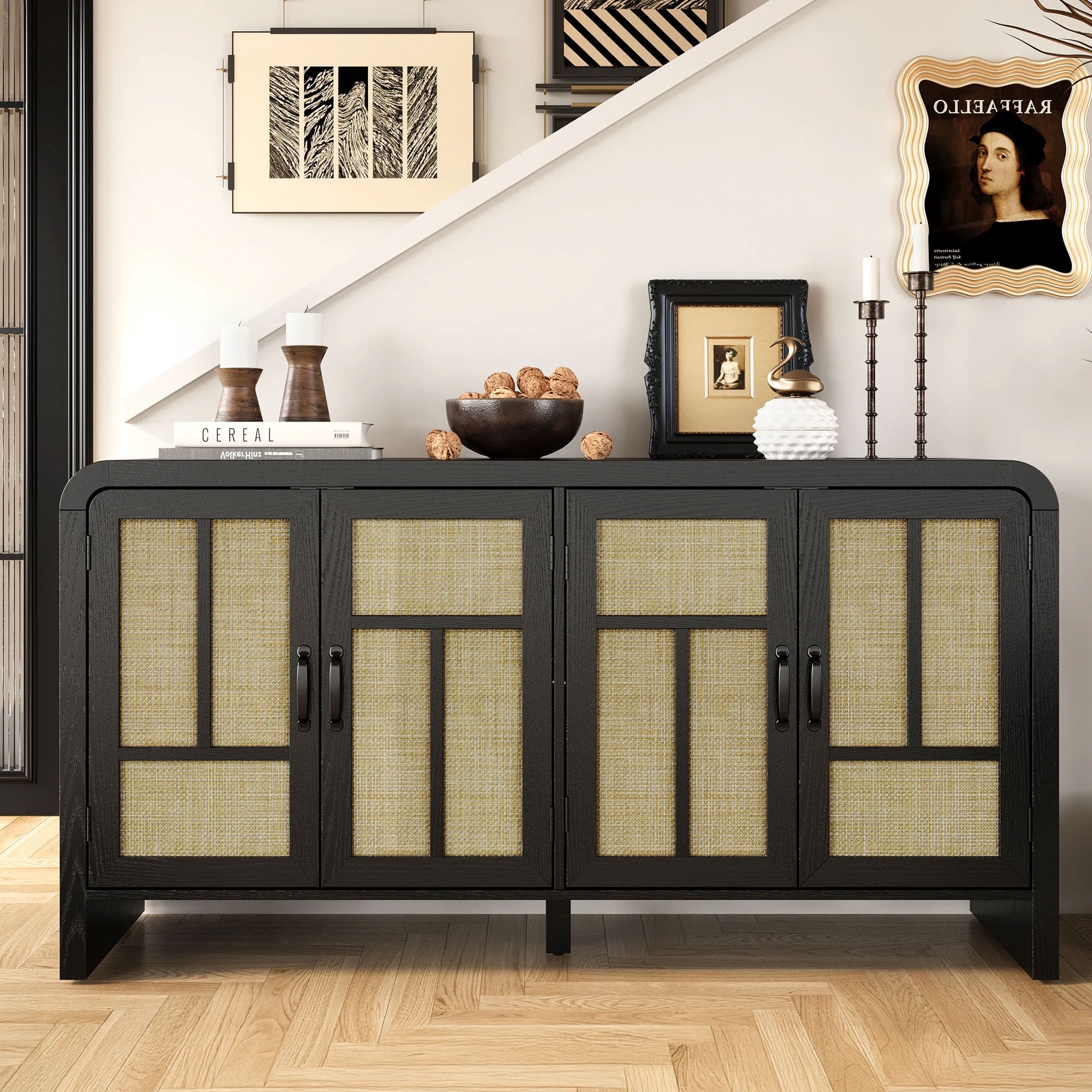 MAYEERTY 59" Rattan Sideboard Buffet Cabinet, Boho Storage Cabinet with 4 Doors and Adjustable Shelves, for Dining Room, Kitchen, Entryway, Living Room