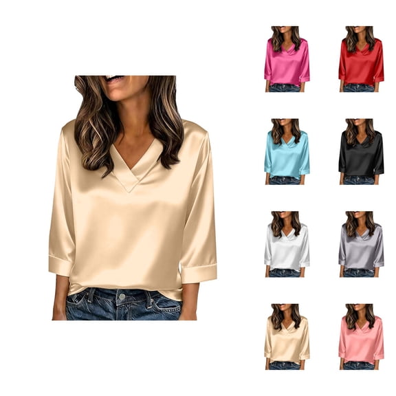 3/4 Length Sleeve Womens Tops Spring Summer Relaxed Fit Satin V Neck Plain T Shirts Dressy Casual Work Shirt Blouse