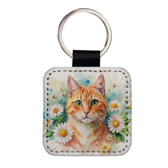 Orange Cat Watercolor Design With Daisies Faux Leather Square Keychain