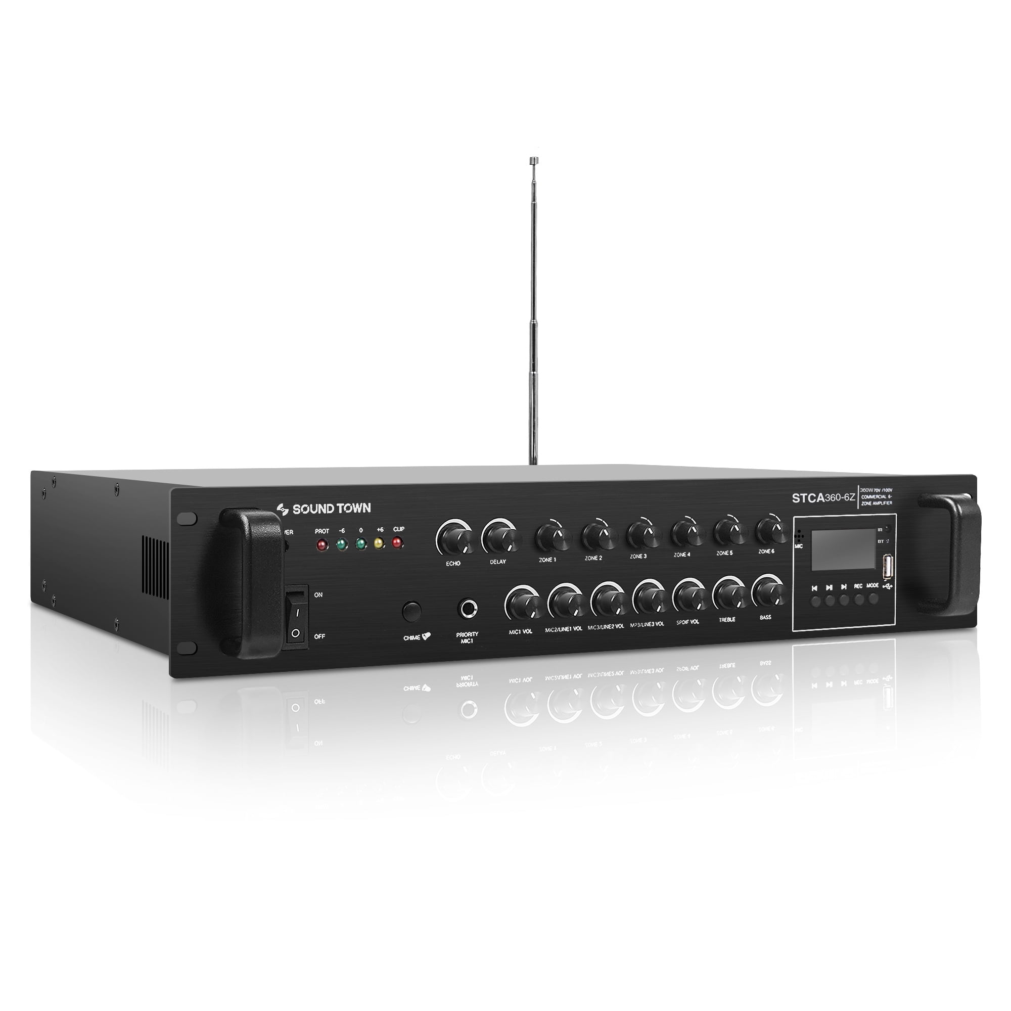 Sound Town Commercial Restaurant Bluetooth Amplifier + Surface-Mount Speaker Set, with One 6-Zone 70V/100V Amplifier with Bluetooth, 8 x 5.25-Inch Surface-Mount Speakers, White (STCA360X8MS5W)