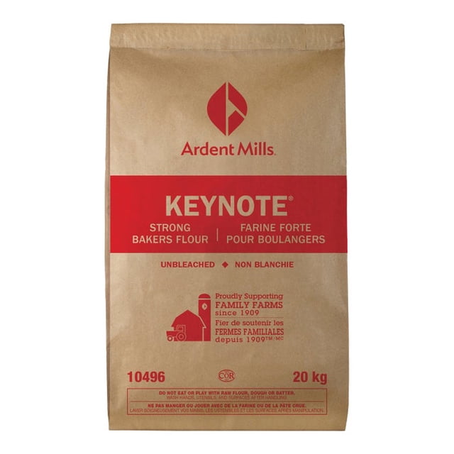 Ardent Mills Keynote Strong Bakers Unbleached Flour, 20 kg (44 lb) bulk bag with red branding on natural brown paper packaging. Ideal for artisan baking, bread, and pizza dough, featuring high-protein formulation and support for family farms since 1909.