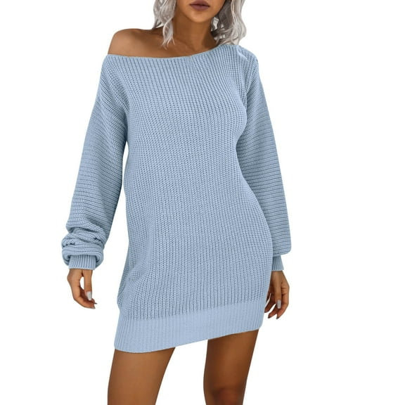 Ediodpoh Women off Shoulder Knit Long Pullovers Sweater Dress with Sleeves for Cozy Winter Light Blue XL