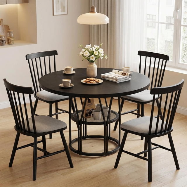 Garvee 47 Inch Round Dining Table for 4-6 People with Storage Shelf, Kitchen Table & Office Desk, Sturdy Metal Frame for Small Space,Black