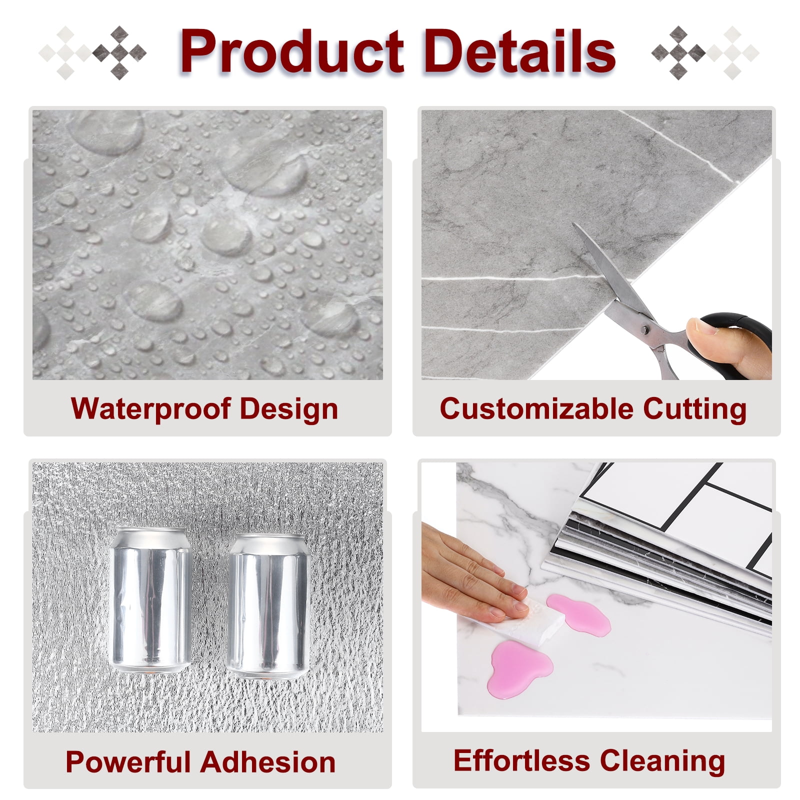 Uxcell 15Pcs Peel and Stick Marble Tiles, Waterproof Wall Panel Backsplash, 12"x12" Peel and Stick Shower Tiles for Bathroom, Thunder Grey Design