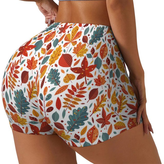 Balery Autumn Leaves Pantalones cortos de entrenamiento estampados para mujer, sin costuras, ajustados, para gimnasio, yoga, correr, deportes, ejercicio activo, fitness.-Medium