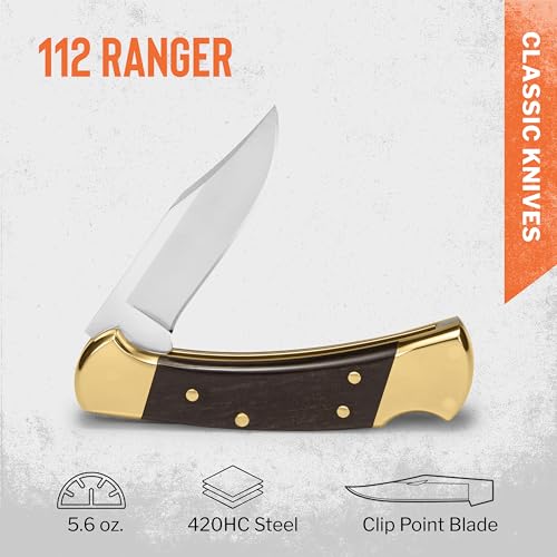 Buck Knives 112 Ranger Hunting Knife, 3" Folding Knife Blade, Ebony/Brass Handle, 5.6 oz