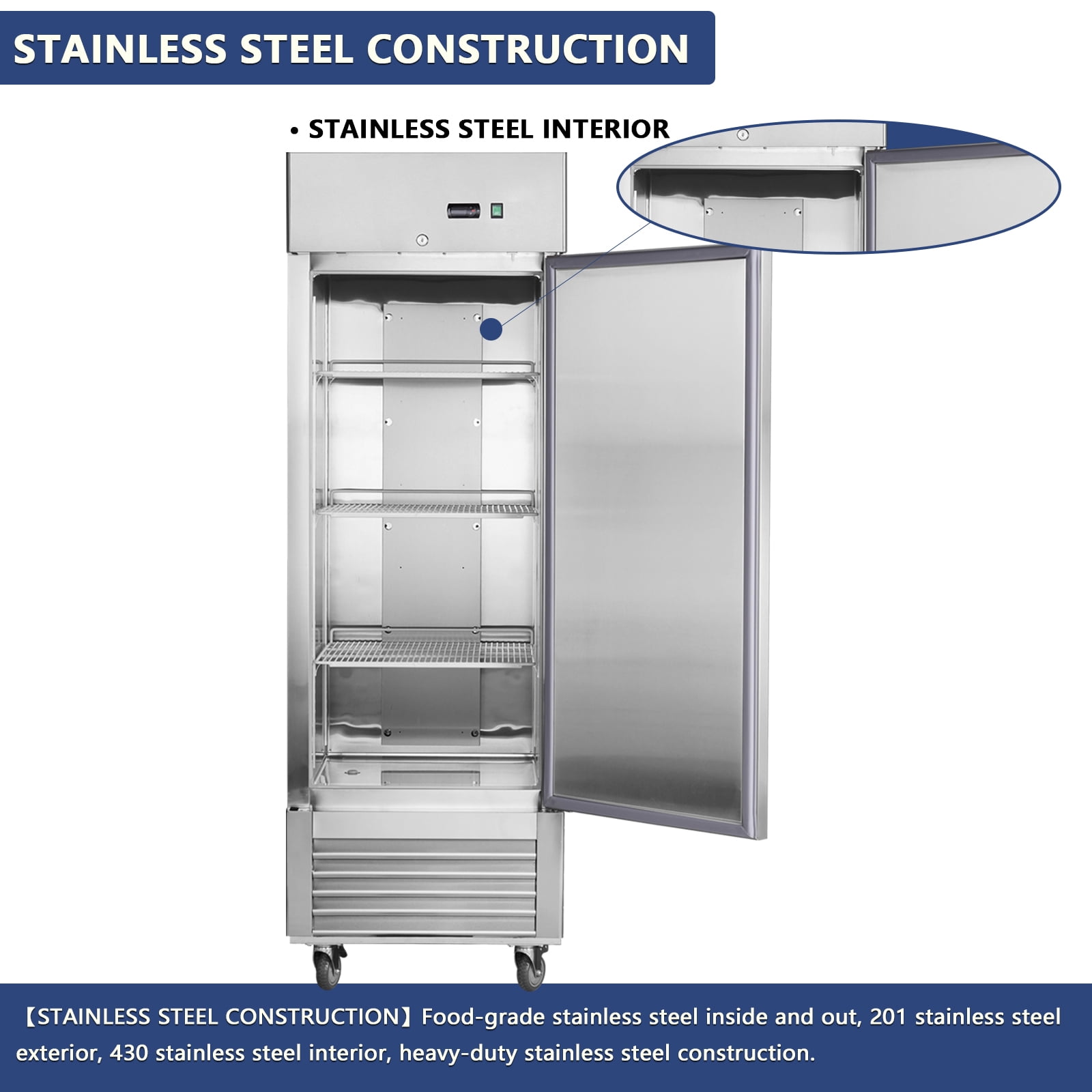 27" Commercial Refrigerator, 18.68 Cu.ft Single Solid Door Reach-in Refrigerator, Stainless Steel Interior & Exterior, Fan Cooling Upright Fridge with Embraco Compressor, ETL & DOE Certified