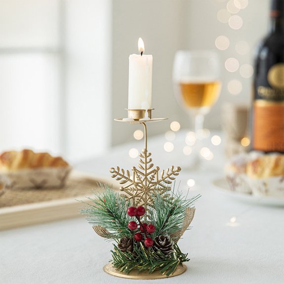Luxcidy Christmas Candle Holders Gold Reindeer Snowflake Star Candlestick Red Berry Pine Cones Decoration for Taper Table Centerpiece Festive Ornaments(Snowflake)