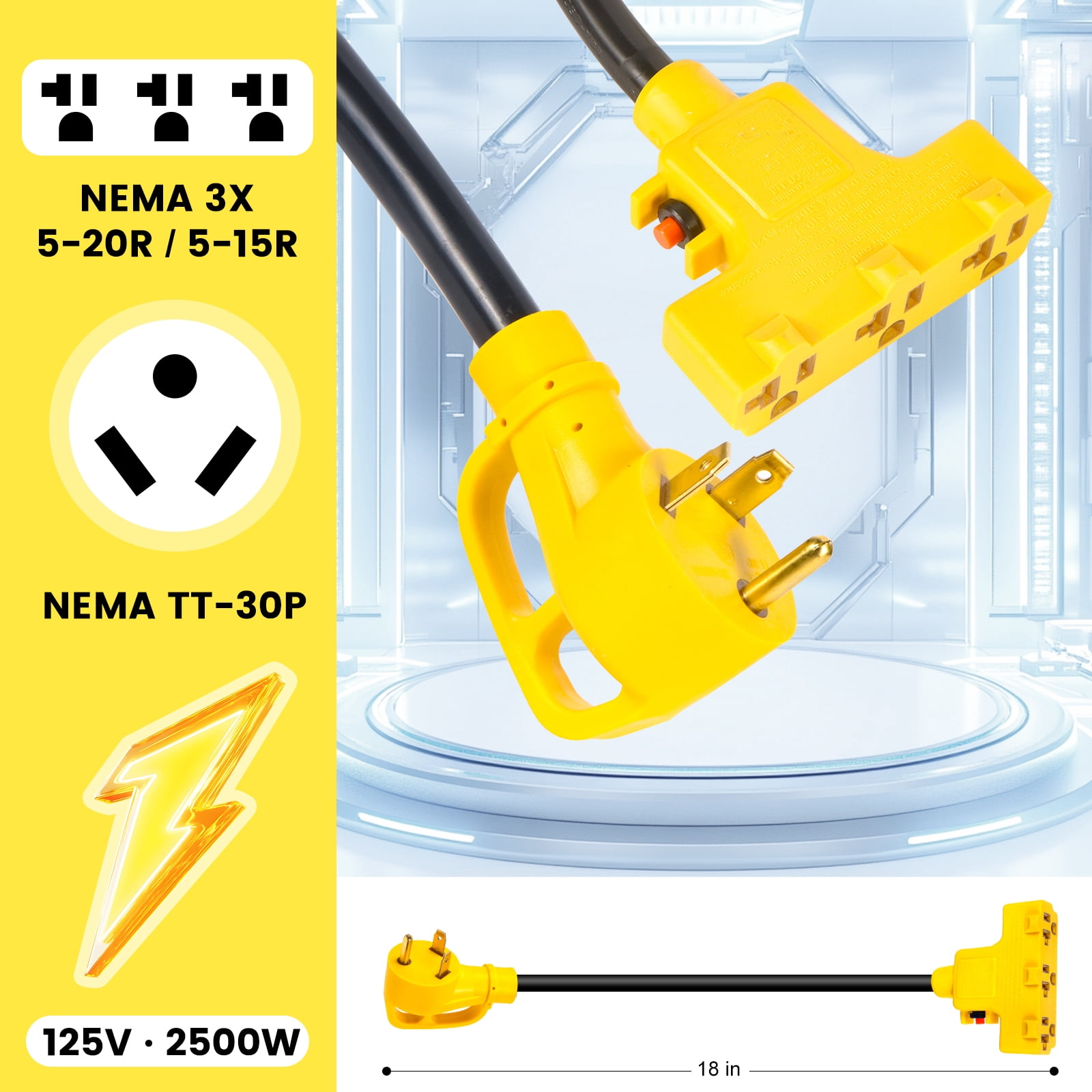 30 Amp to 110V RV Generator Distribution Adapter, 30 Amp to 15 Amp/20 Amp Adapter, NEMA TT-30P Male to 3x5-15R/20R Household Outlet Female, 1.5FT