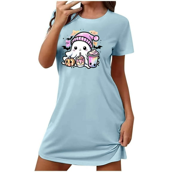 Aobny Women Sleep Dress Cute Ghost Blue Sleepshirt Short Sleeve Crew Neck Short Pajamas Women,S
