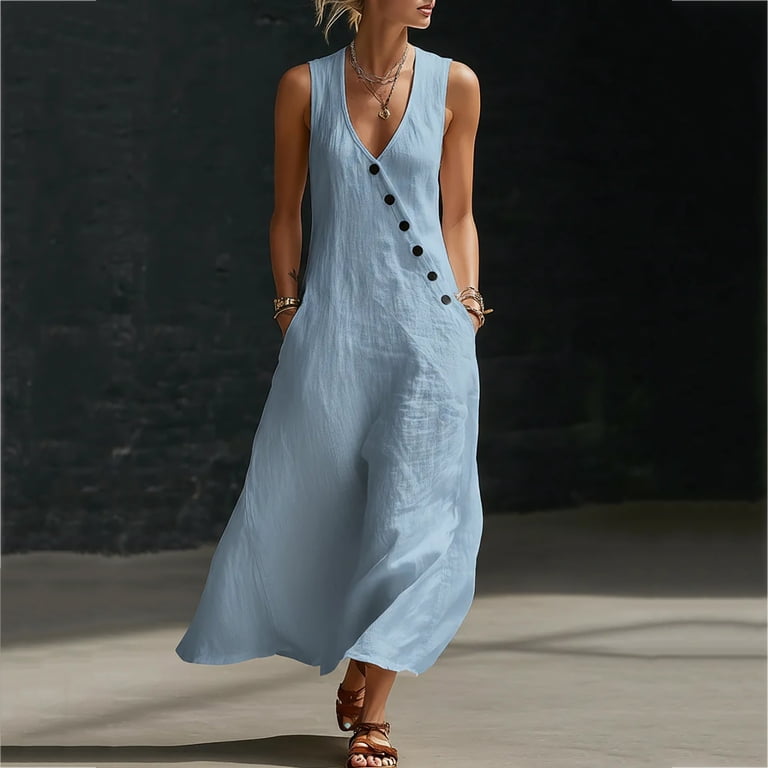 QIUOMBBP Womens Summer Maxi Dresses Sleeveless V Neck Button Linen Long Sundress Plus Size Casual Beach Vacation Dress Black L QIUOMBBP Womens Summer Maxi Dresses Sleeveless V Neck Button Linen Long Sundress Plus Size Casual Beach Vacation Dress Black L
