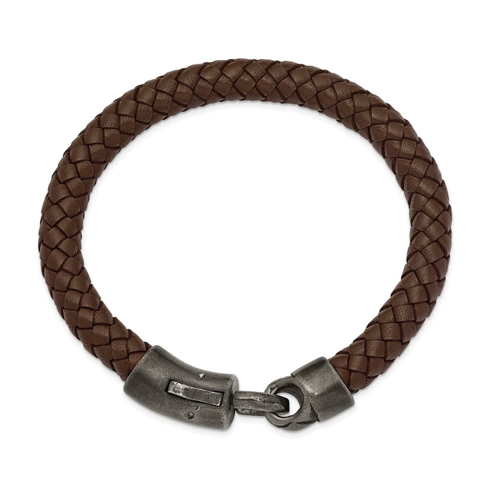 Diamond2Deal Stainless Steel Antiqued White Bronze-Plated Brown Braided Leather Bracelet for Men 8.25"
