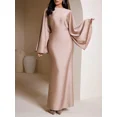 thumbnail image 6 of Coral Pink Satin Long Sleeve Modest Arabic Evening Gown, 6 of 21