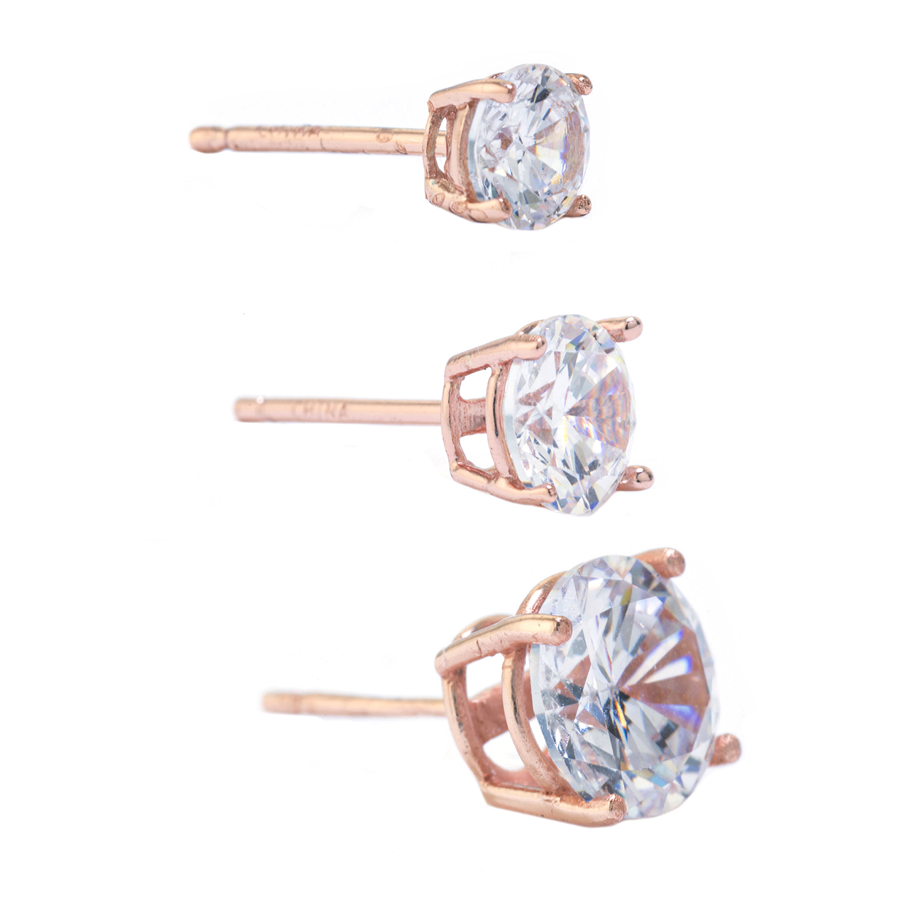Marisol & Poppy Cubic Zirconia Trio 3-Piece Stud Earrings Set in Rose Gold over Sterling Silver for Women & Teens