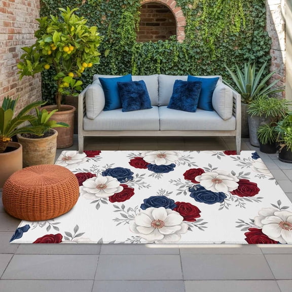 4th of July Outdoor Rug 3x5 ft Patriotic Floral Outdoor Large Area Rug Non Slip Red White and Blue Flower Front Door Mat RV Rug Carpet Patio Outdoor Rugs for Backyard Balcony Deck Porch Indoor