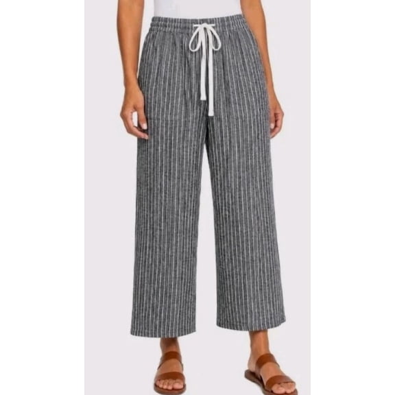 Roxy Women's Small Linen Blend Striped Cropped Pant, Black and White