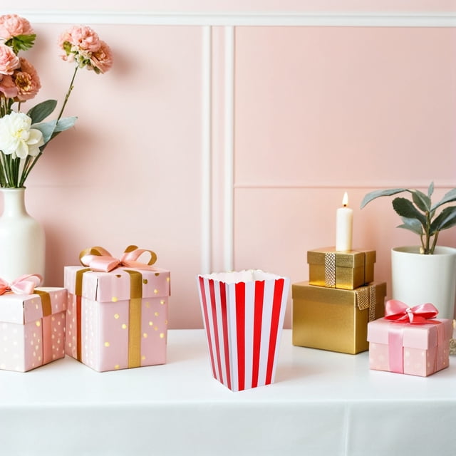 STRANDCHIC 10Pcs Red Paper Popcorn Boxes with Stripes for Party Storage and Movie Night Containers