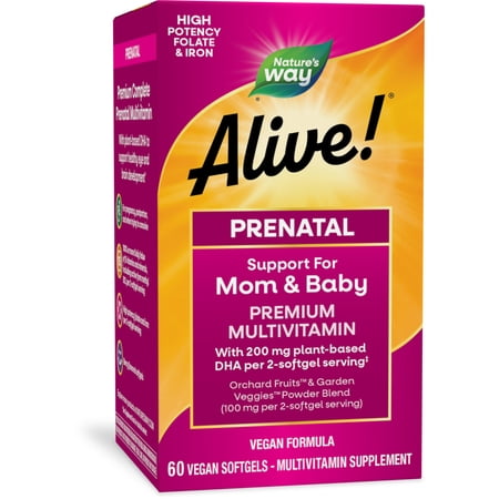 Nature's Way Alive! Prenatal Premium Multivitamin for Women Softgels, DHA, Folate, Iron, 60 Count