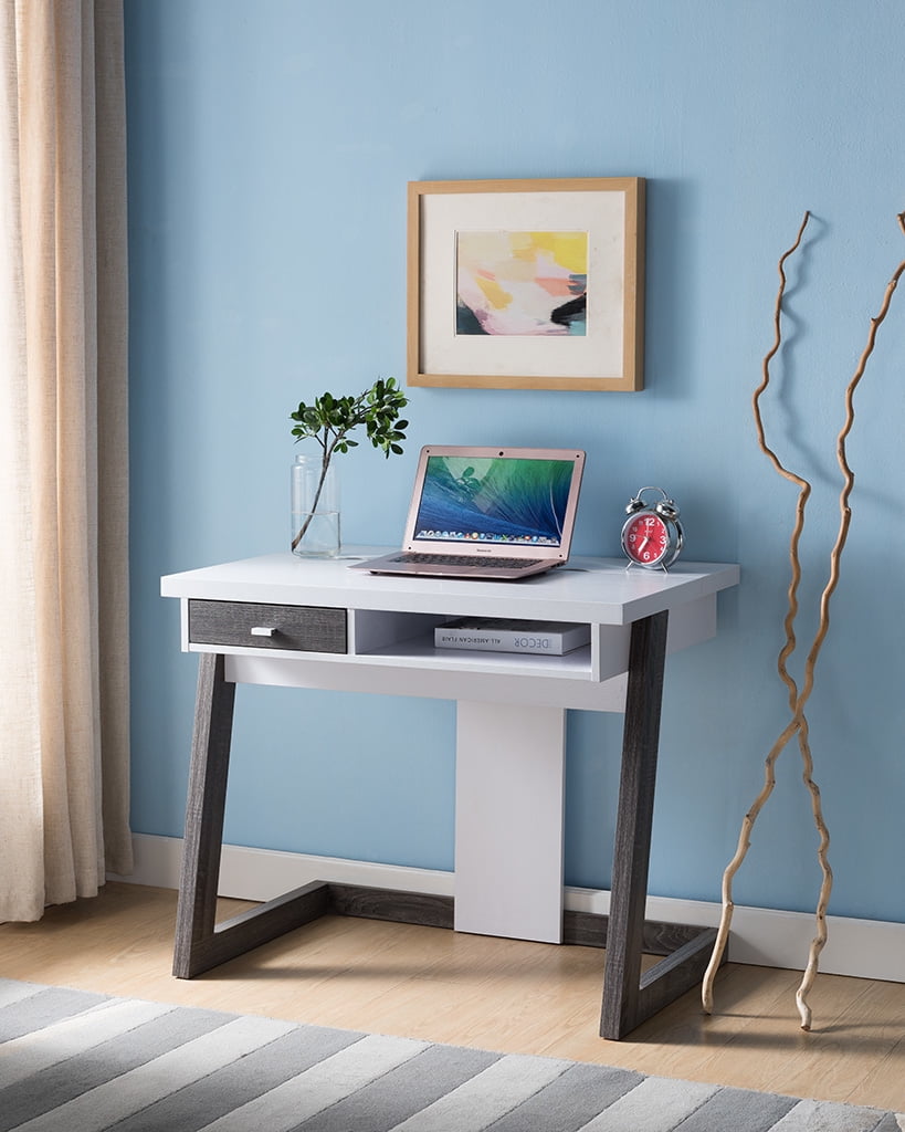 Wooden Desk With One Drawer And Shelf White Distressed Gray Departments