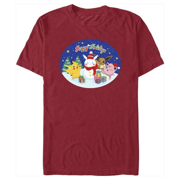 Men's Pokemon Christmas Happy Holidays Snowman  Graphic Tee Cardinal Large