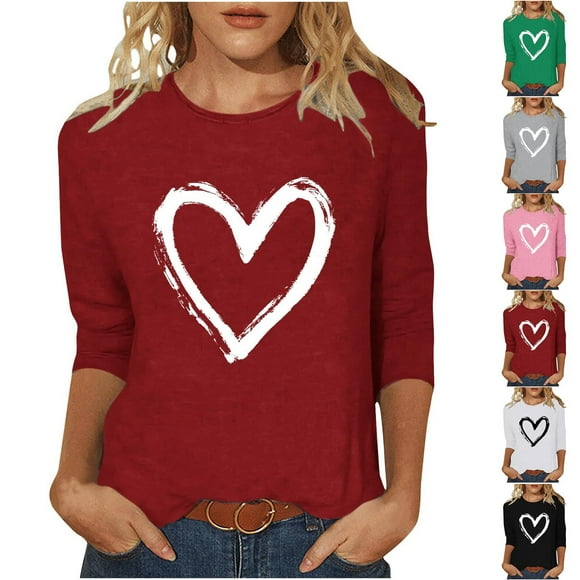 Xcmzpl Valentine's Day Tunic Tops for Women Loose Casual 3/4 Sleeve Crew Neck Tunic Tops Fashion Cute Heart Graphic Tees Plus Size Holiday Blouses Green S-5XL