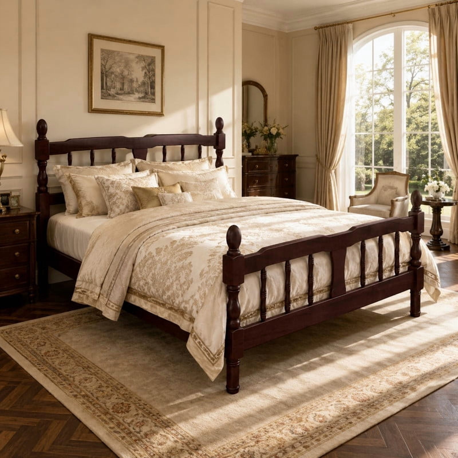 Euroco Wood Full Size Platform Bed Frame, Classic Farmhouse Bed Frame with Spindle Headboard, Dark Walnut
