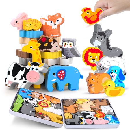 Wooden Animal Puzzles Toys for Toddlers 24 Pcs Farm and Safari Animal Figures Animal Matching Sorting Stacking Toys for Boys Child Girls Educational Learning Toys Gift for Kids