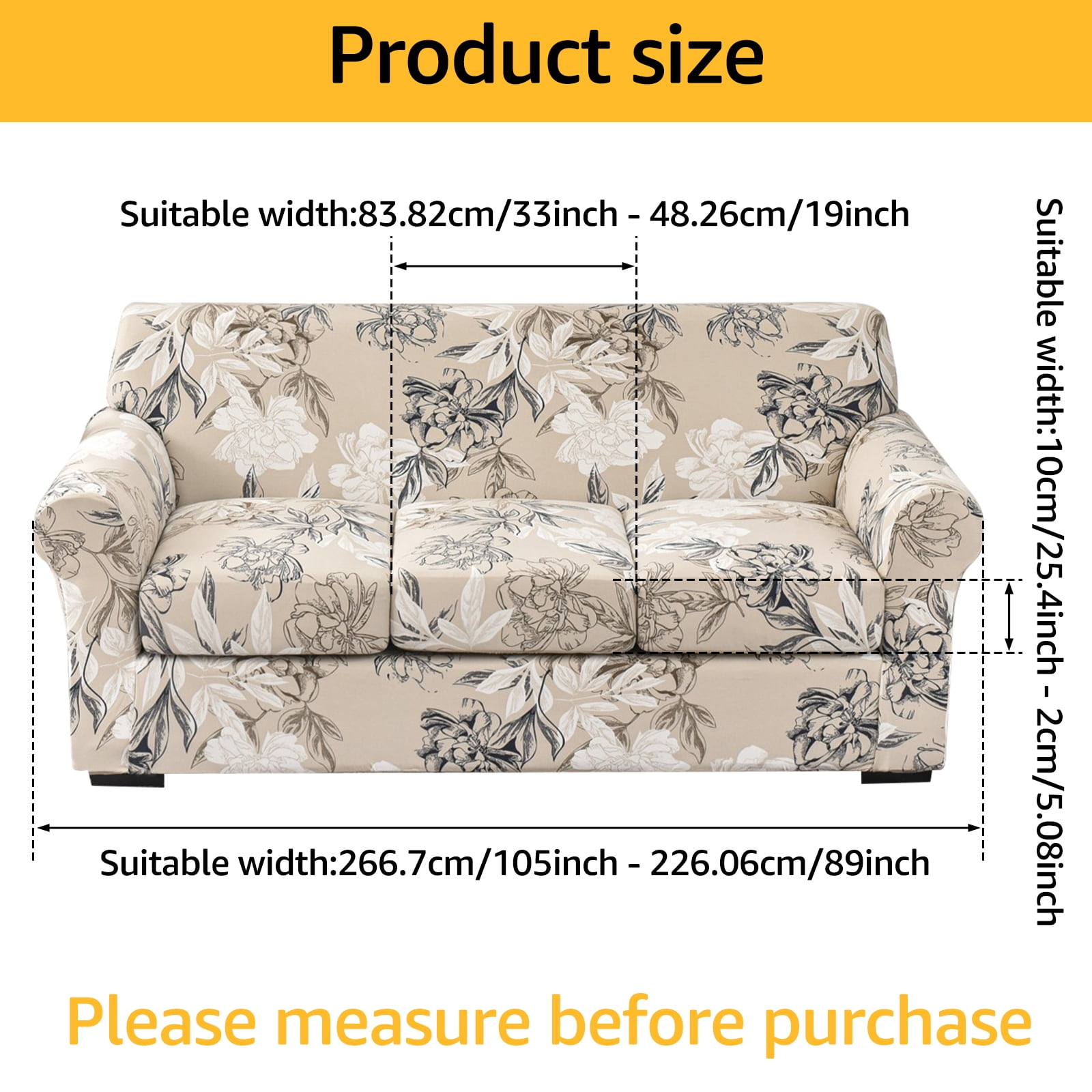 Visit the EUWBSSR Store 4 Pieces Stretch Sofa Cover 3 Seater Couch Cover Printed Sofa Slipcover with 3 Separate Cushion Covers Washable Sofa Slip Covers for Living Room Home with Pets and Kids