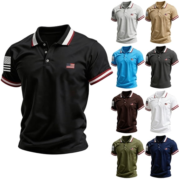 Men's Patriotic Striped Polo Shirt with Dual American Flag Embroidery and Contrast Collar Featuring Short Sleeve Turn-Down Collar Army Green L