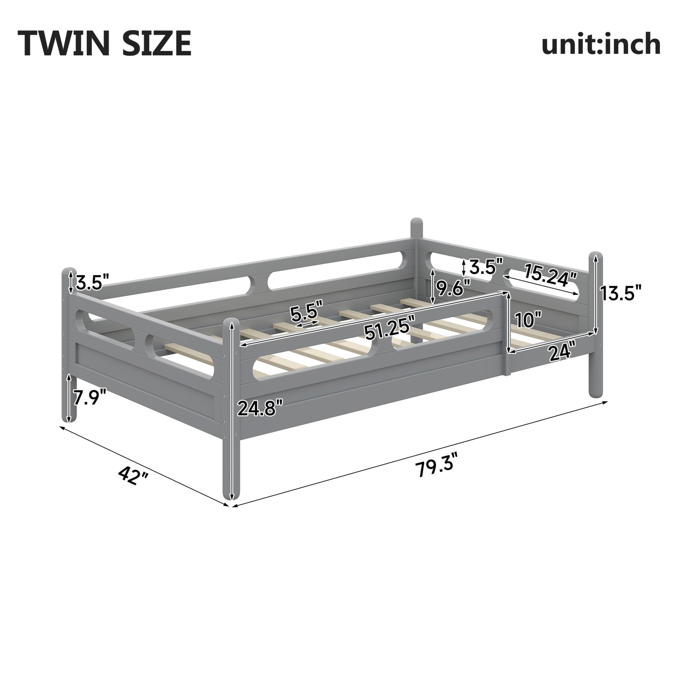 Noble House Twin Size Kids Bed Frame with Safety Rails, Low Profile Design & Slat Support, Gray
