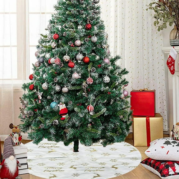 HCBY Christmas Tree Skirt 30.71 Inch Xmas Tree Skirt Tree Mat with Snowflake Elk Decor for Winter Holiday Indoor Outdoor Christmas Tree Decorations Home Supplies(Gold,30.71x30.71in)