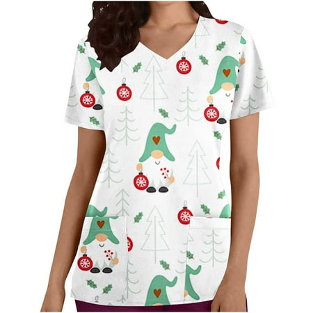 

Christmas Scrubs Tops Santa Print V-neck Short Sleeve Working Uniform Blouse Plus Size Scrubs Shirts with Pockets