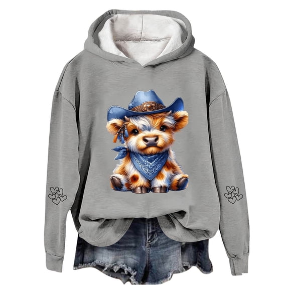 Christmas Highland Cow Hoodies for Women 2025 Long Sleeve Western Country Hooded Sweatshirt Pullover Tops