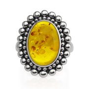 Real 925 Sterling Silver Cocktail Ring for Men Women, Genuine Amber Gemstone Finger Ring, Handmade Ethnic Design Filigree, Fashion Jewelry for Gifts, Size 8