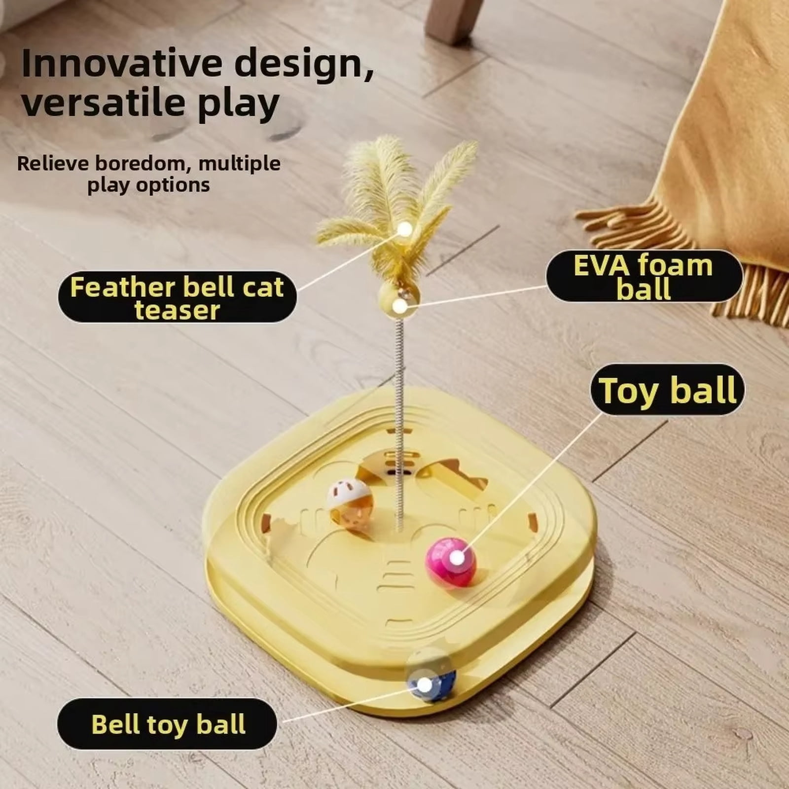 13.39Inch Interactive Cat Toy Maze with Ball Track & Spring Feather Teaser, Puzzle Cat Toys for Indoor Cats & Kittens, Self Play Activity Toy for Mental Stimulation