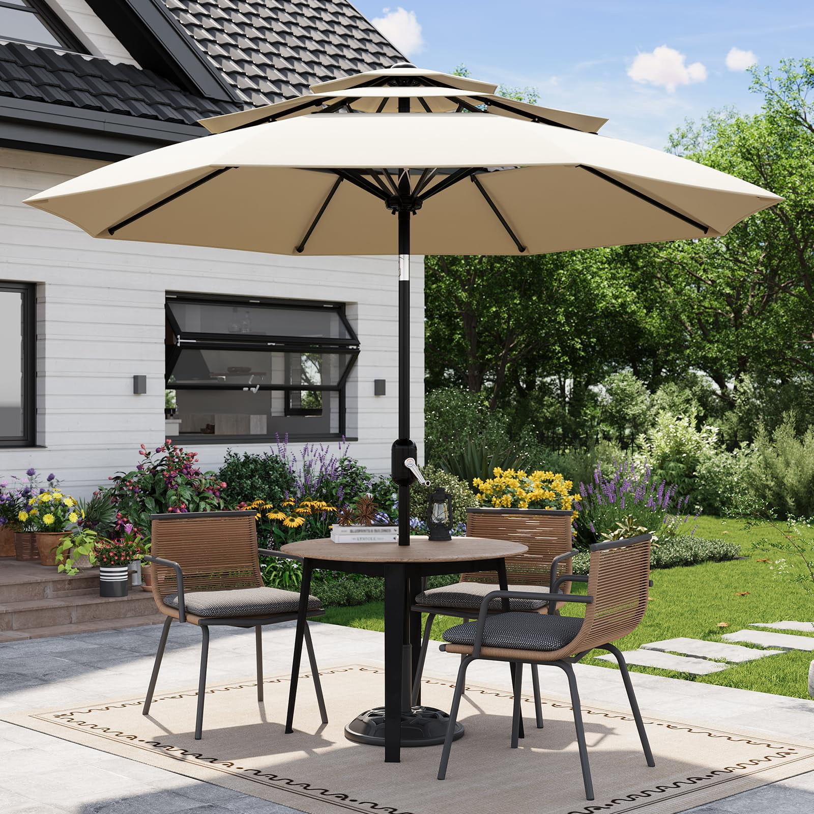 QinaQin Vented Patio Umbrella,8 Sturdy Ribs,Easy Crank & Tilt,Outdoor Market Table Parasol,Beige