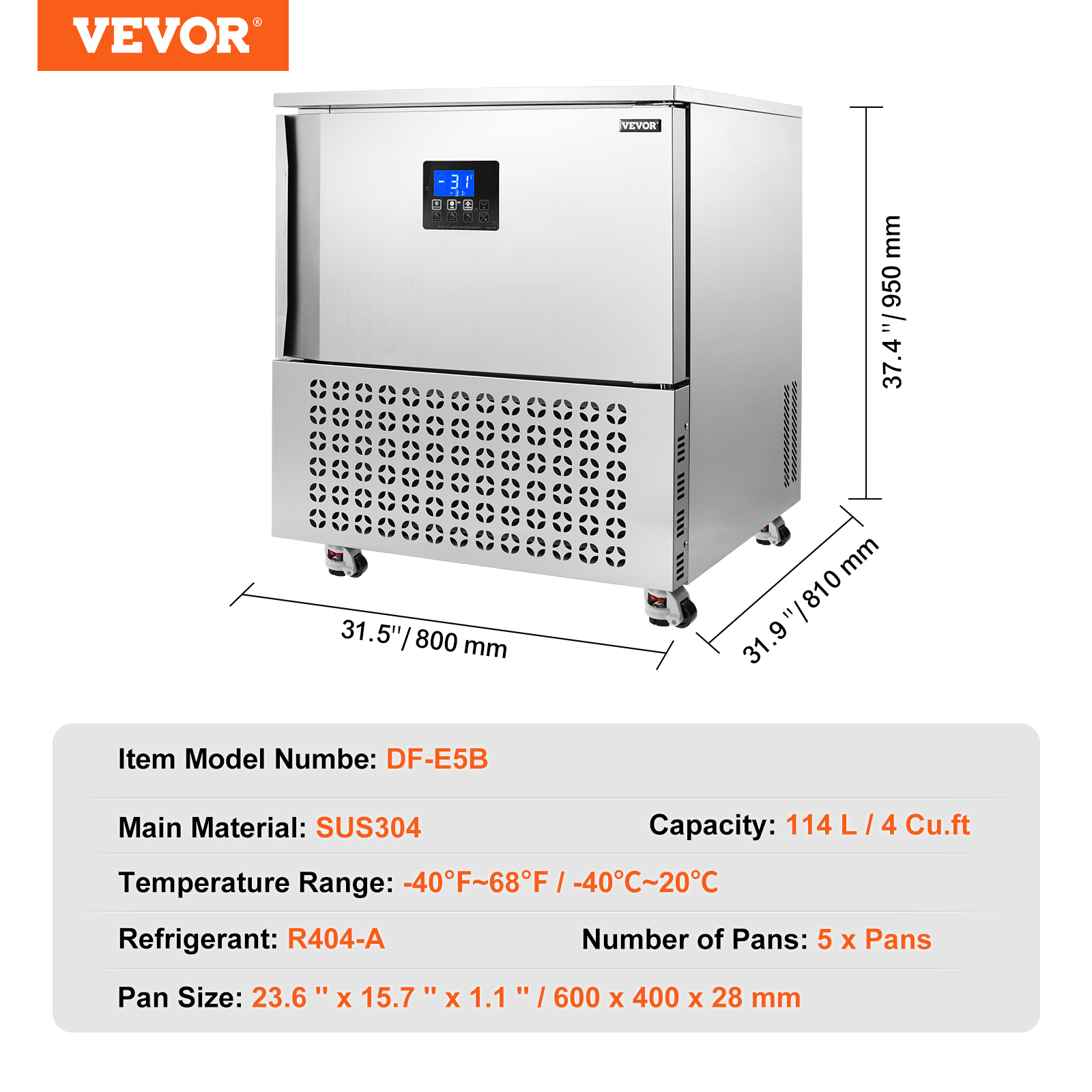 VEVOR Commercial Blast Freezer, 114 L / 4 Cu.ft Blast Chiller with 5 Trays, Blast Chiller Freezer Chest with 4 Freezing Modes, Stainless Steel Food Blast Freezer with Casters for Restaurant, Seafood