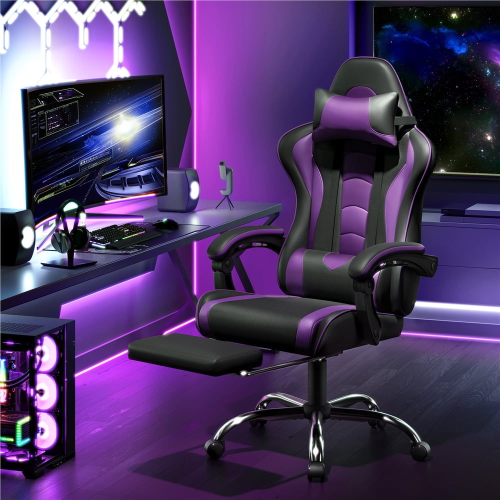 Yaheetech High Back Ergonomic Gaming Chair with Footrest, Massage Lumbar Pillow, Black/Purple