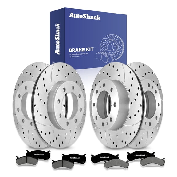 AutoShack Front Vented & Rear Vented Drilled & Slotted Silver Zinc Coated Brake Rotors   Premium Ceramic Pads 12-PC Brake Kit Replacement for 2001-2006 GMC Sierra 2500 HD SilverShield Pro