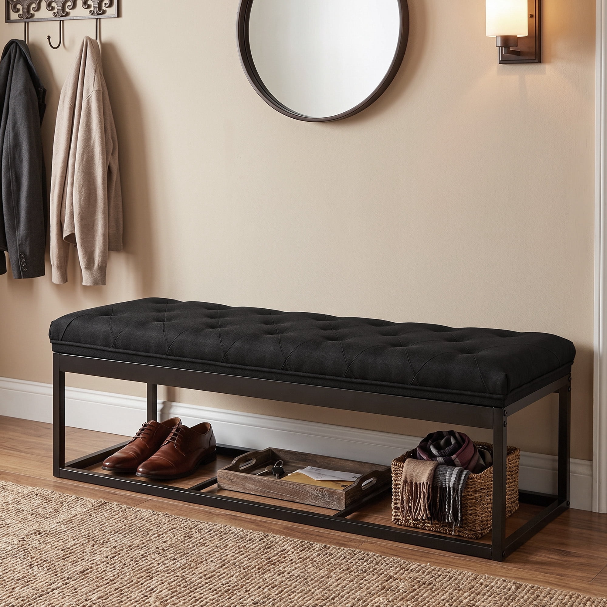 Ledrem Ink Black Storage Ottoman Bench, End of Bed Bench with Removable Cover, Large, Contemporary, Tufted