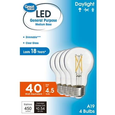 Great Value 18YR A19 LED Light Bulb, 4.5W (40W Equivalent) Dimmable Daylight E26 Medium Base (4 Pack)